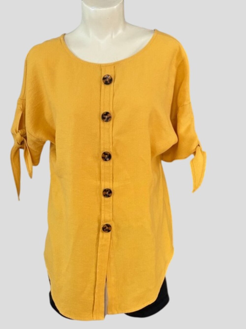 Frank Lyman Design Rayon Blend Mustard Button-Front Tie-Sleeve Top Size 10